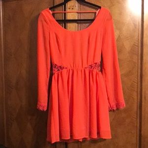 Pink Backless Longsleeve Dress with Lace Cutouts